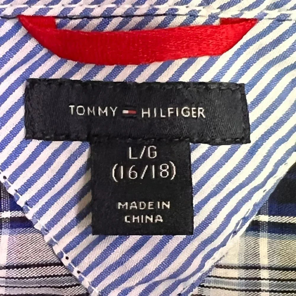 Tommy Hilfiger Boys Large 14/16 Blue Grey White Plaid Button Down Shirt - Picture 8 of 12